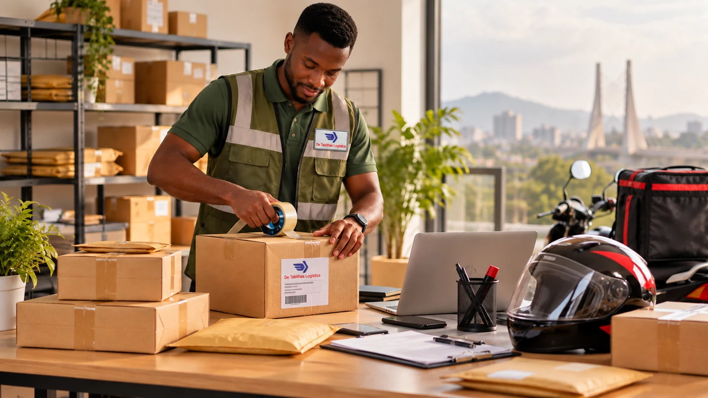 Dispatch worker preparing a parcel for delivery in Abuja